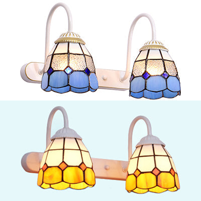 BowLift | Checked Pattern Vanity Sconce Light Tiffany Yellow/Blue Glass White Wall Mount Light Fixture