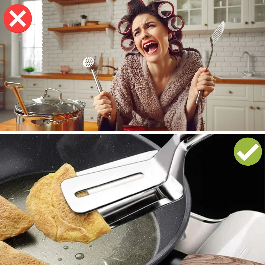 BowLift | Double-sided stainless steel turner with non-slip handle – Ideal for grilling and frying