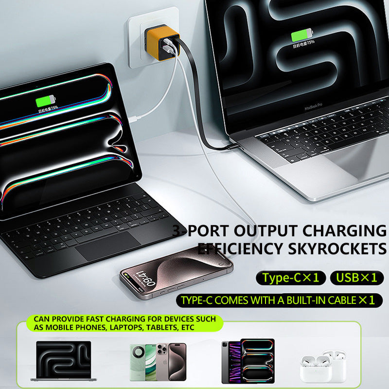 BowLift | 3 in 1 GaN Charger, Scalable 80W MAX fast charger module with Type-C cable and 2 USB ports