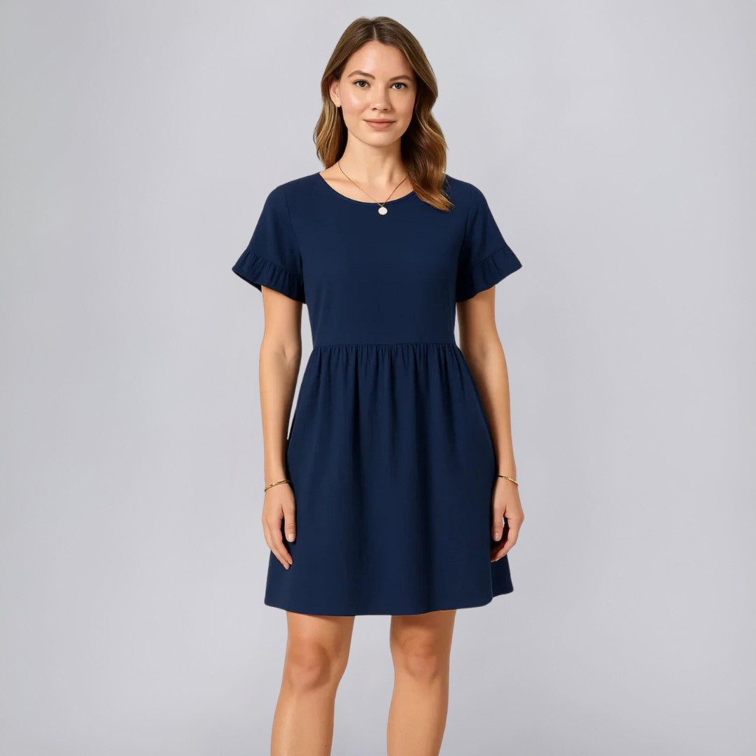 A-Line Cotton Linen Dress with Ruffle Sleeves