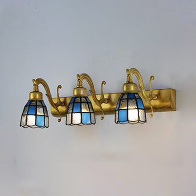 BowLift | Stained Glass Dome Wall Lighting with Square/Bluetooth Square Pattern and Linear Backplate Vintage Retro 3 Light Scone Lighting in Copper/Antique Brass/Brass