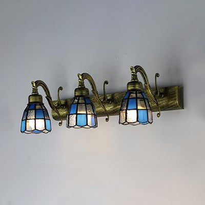 BowLift | Stained Glass Dome Wall Lighting with Square/Bluetooth Square Pattern and Linear Backplate Vintage Retro 3 Light Scone Lighting in Copper/Antique Brass/Brass