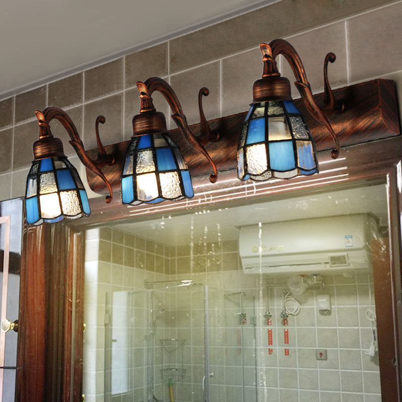 BowLift | Stained Glass Dome Wall Lighting with Square/Bluetooth Square Pattern and Linear Backplate Vintage Retro 3 Light Scone Lighting in Copper/Antique Brass/Brass