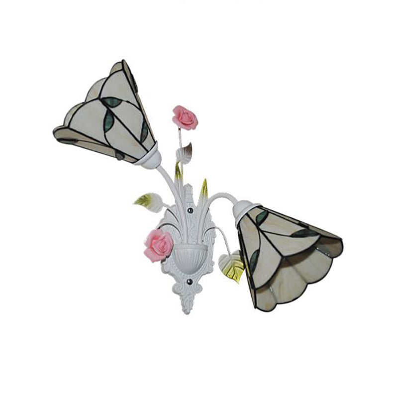 BowLift | 2 Lights Living Room Wall Mounted Light Baroque White Wall Lamp with Conical Colored Glass Shade