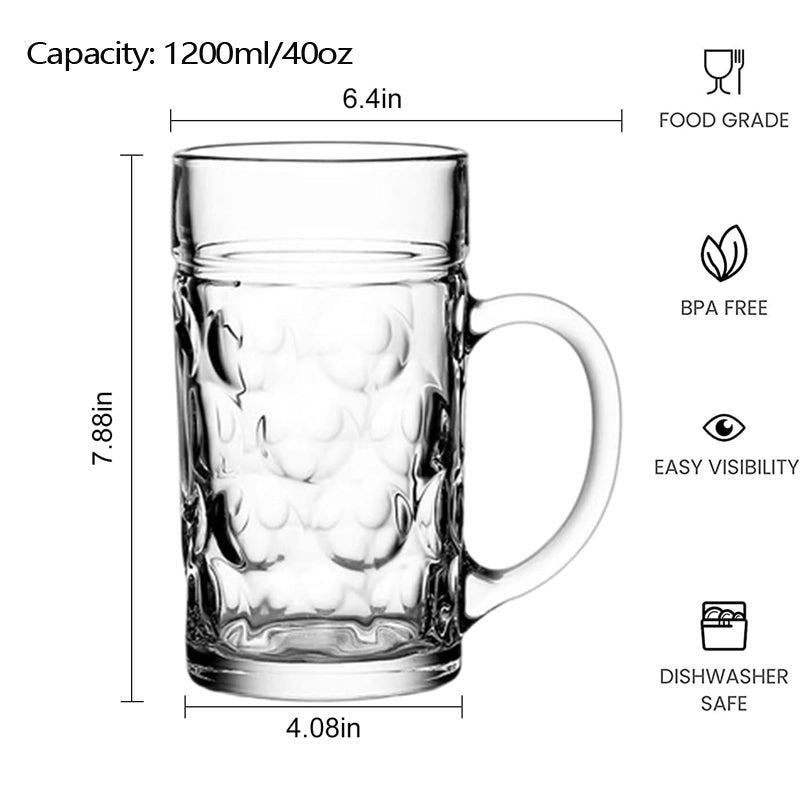 BowLift | 1200ml/40oz Big Beer Mug Jumbo Glass Beer Mug With Handle Super Beer Glass BPA Free