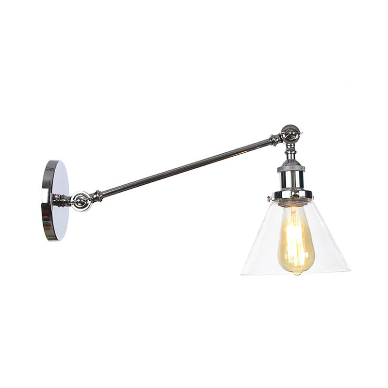 BowLift | Industrial Conical Wall Lamp 1 Light Clear Glass Lighting in Black/Bronze/Brass, 8"/12" L Arm