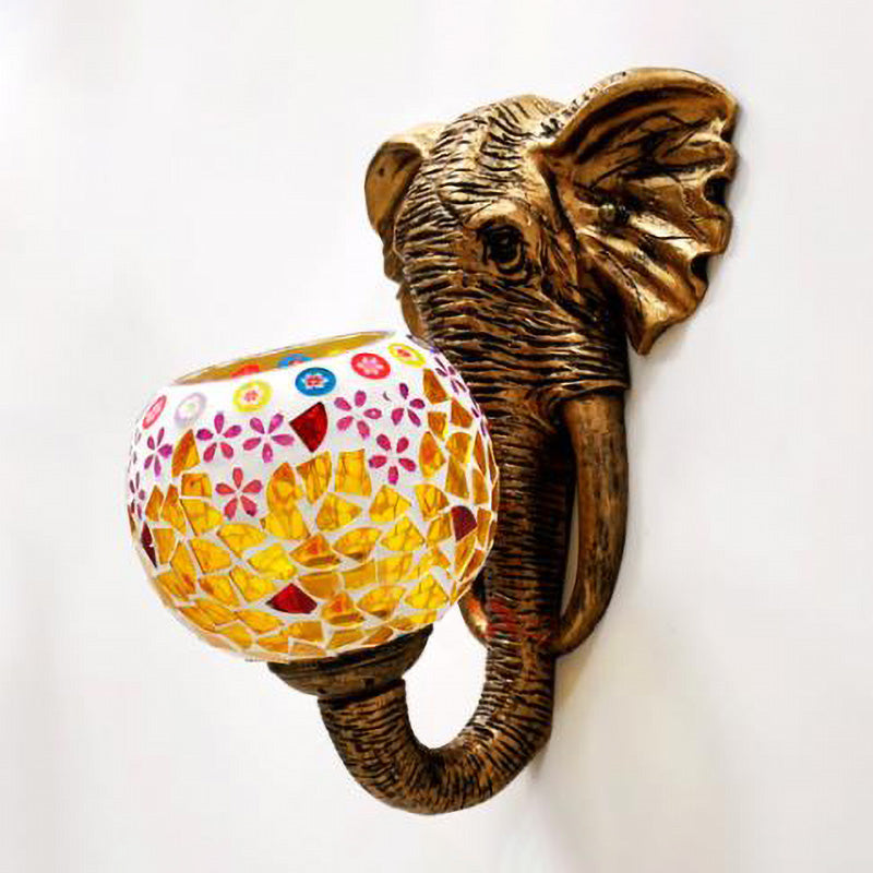 BowLift | Stained Glass Elephant Head Wall Lamp Baroque 1 Light Silver/Yellow Wall Lamp Fixture for Hallway