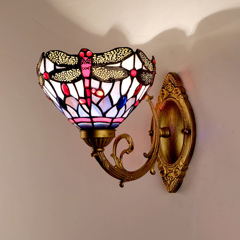 BowLift | Brass Dragonfly Wall Lamp Tiffany 1 Light Hand-Cut Glass Wall Lamp with Curved Arm