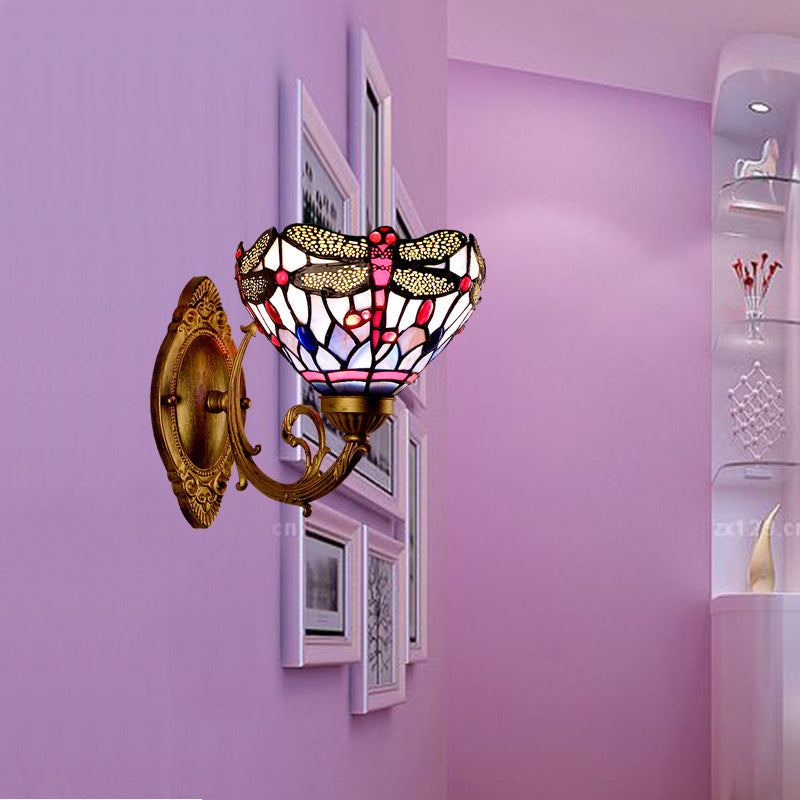 BowLift | Brass Dragonfly Wall Lamp Tiffany 1 Light Hand-Cut Glass Wall Lamp with Curved Arm