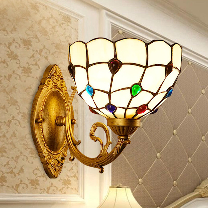 BowLift | 1 Light Bathroom Vanity Lamp Mediterranean Brass Wall Light with Beaded White Glass Shade