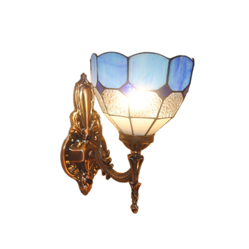 BowLift | Dome Hand-Painted Glass Wall Lamp Tiffany Style 1 Light Blue/Gold/Beige Wall Lamp for Bedroom