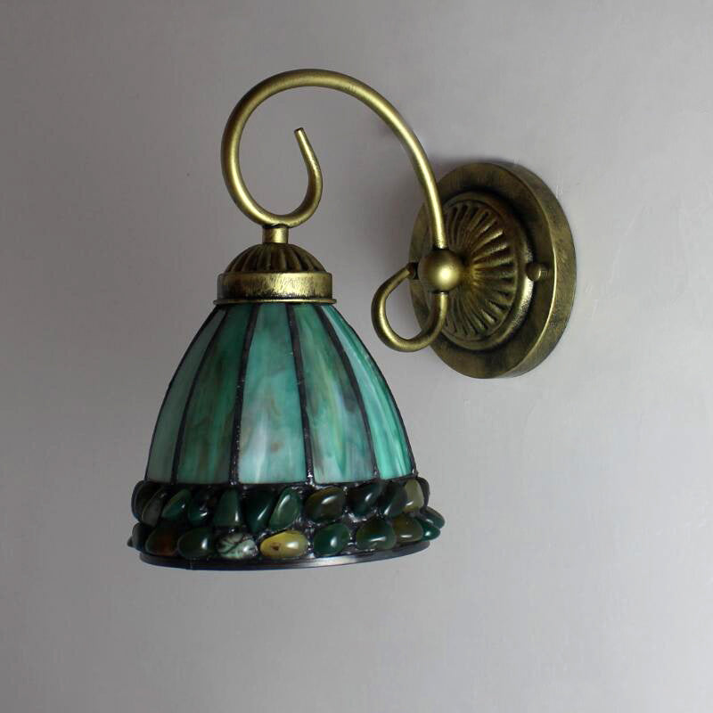 BowLift | Dome Wall Lighting Idea Tiffany Toughened/Beige/Green Toughened Glass 1 Light White/Bronze Wall Lamp With Stone Deco