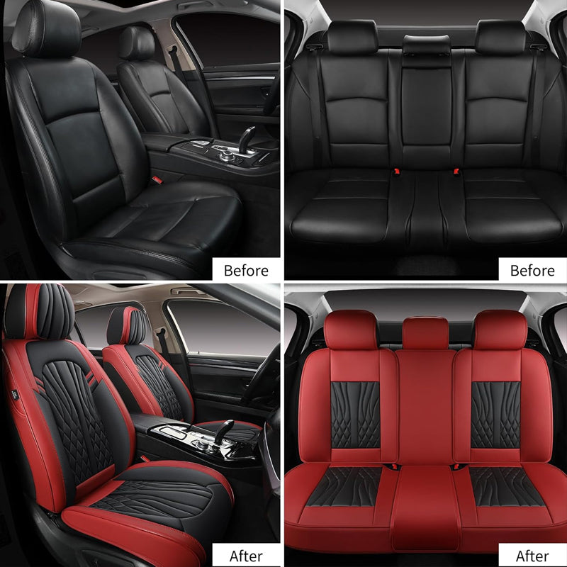 BowLift | Wine Red Leather Car Seat Covers Full Set Waterproof Car Seat Protectors 5 Seats Fit Most Cars