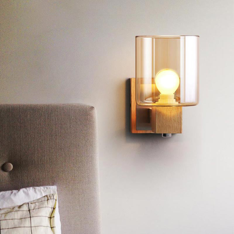BowLift | Cognac Glass Cylinder Wall Lamp Nordic Style 1 Light Mini Wall Sconce Made of Wood