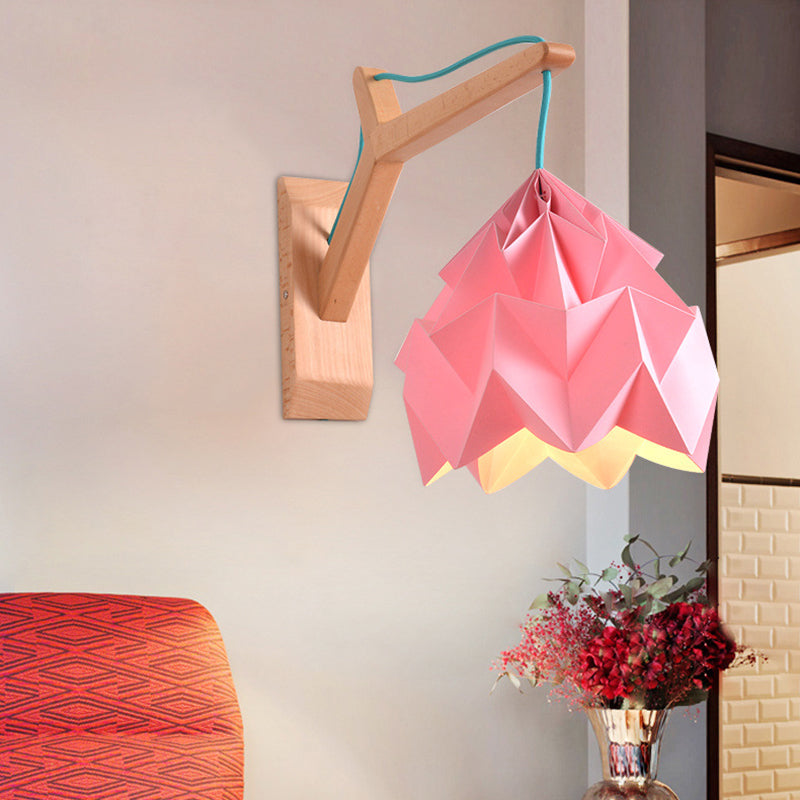 BowLift | Curved Shadow Paper Wall Lamp Macaron 1 Head White/Pink/Yellow/Blue/Green Sconce Lamp with Wooden Backplate