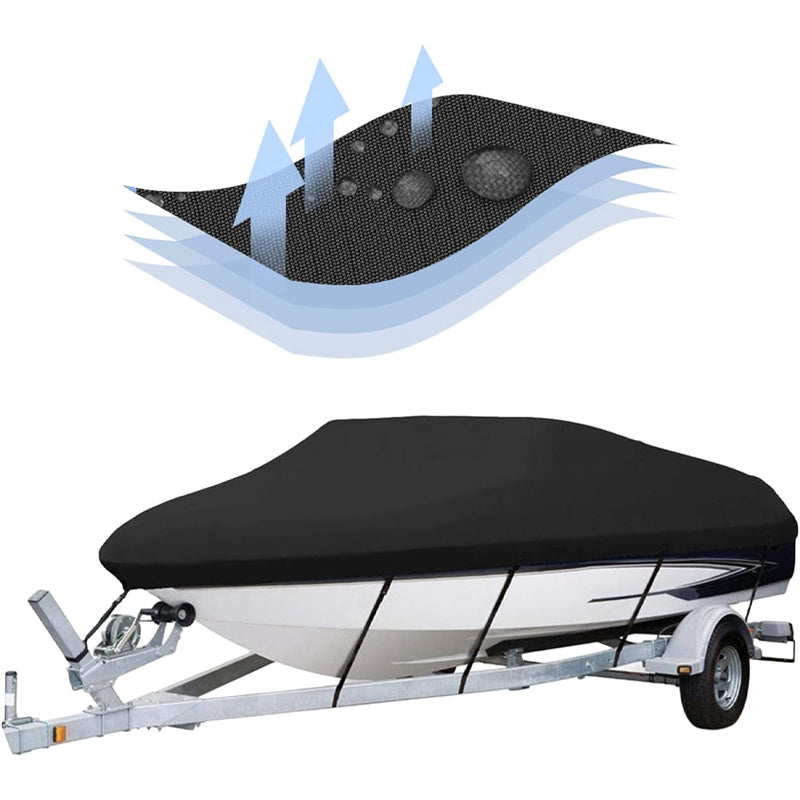 BowLift | 14'-16' 210D Boat Cover Oxford Fabric Trailerable Boat Cover Waterproof Mooring Cover with Strap Black