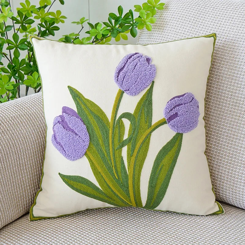 BowLift | Floral Embroidered Tulip & Orchid Cushion Cover