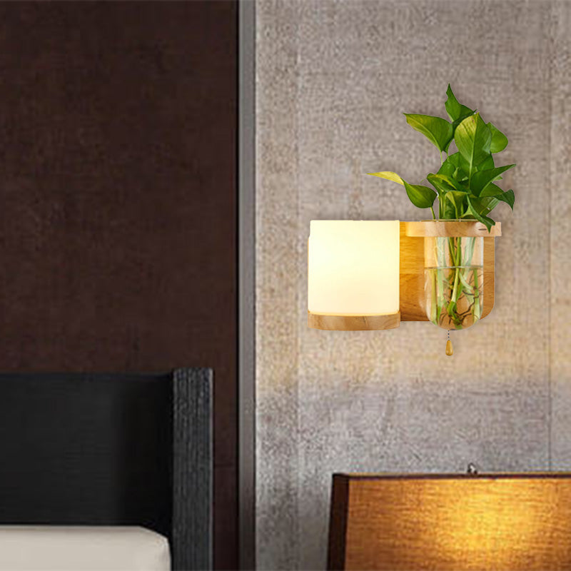 BowLift | 1 Light source wall-mounted light industrial cylindrical opal glass LED wall sconce made of wood, left/right