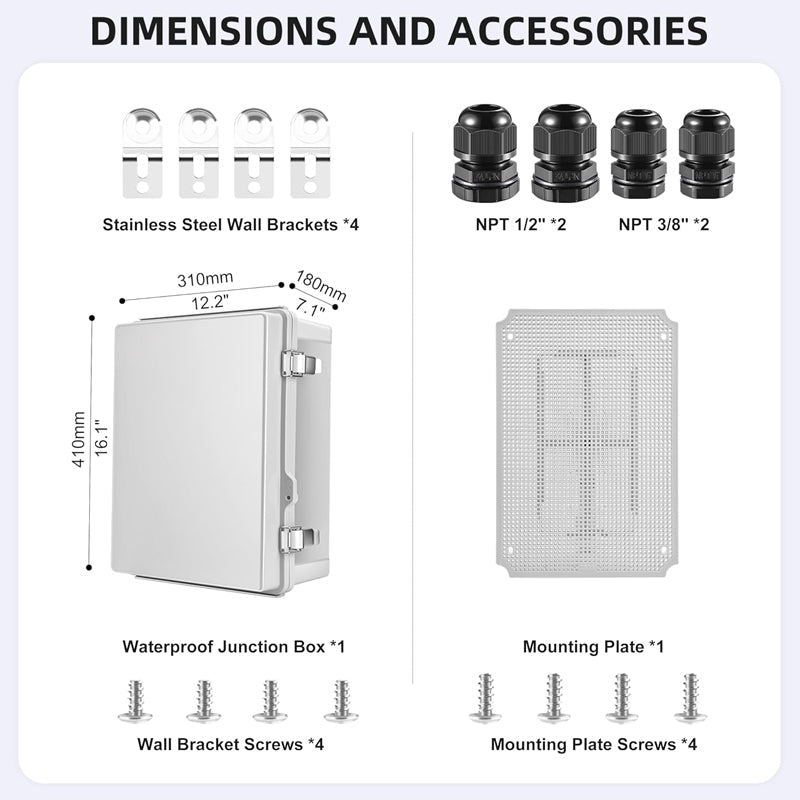 BowLift | 16.1" x 12.2" x 7.1" ABS Plastic Electrical Enclosure Outdoor Waterproof Junction Box IP67 Dustproof