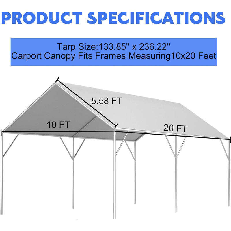 BowLift | 10' x 20' Carport 220G Heavy Duty Replacement Canopy Cover with 48 Ball Bungees