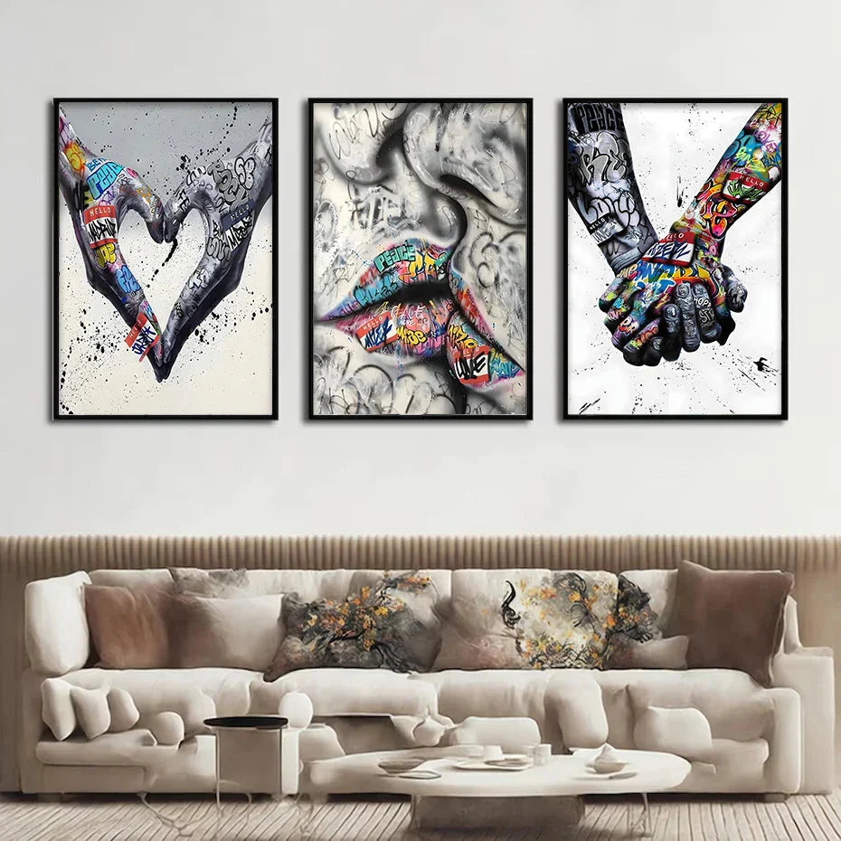 BowLift | 3PCS Modern Love Hand in Hand Kiss the Kiss Poster Graffiti Banksy Street Wall Art Canvas Painting Prints Pictures Room Decoration