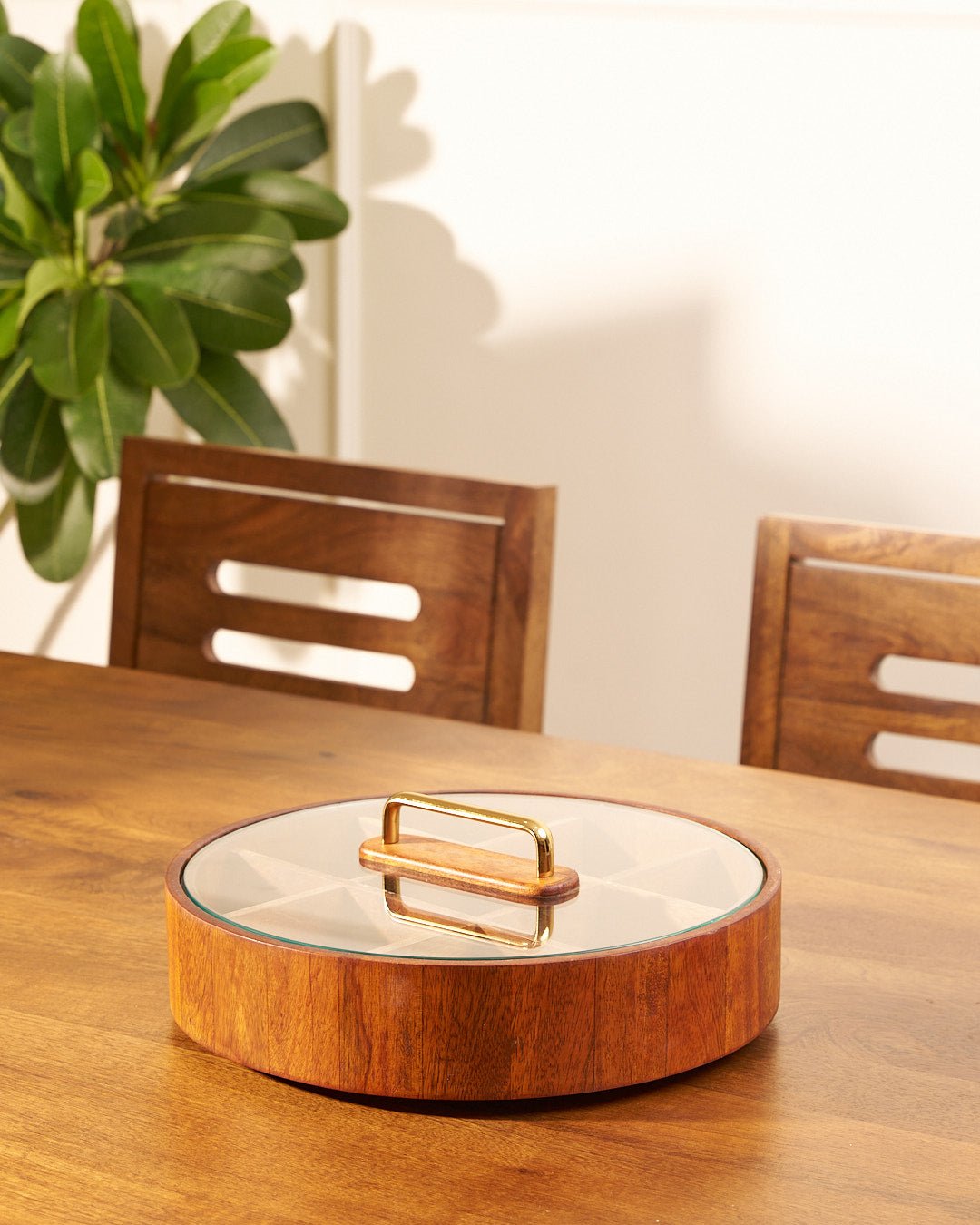 BowLift | BambooSpin – 9-Compartment Serving Tray with Rotating Lid | Premium Bamboo Snack Platter