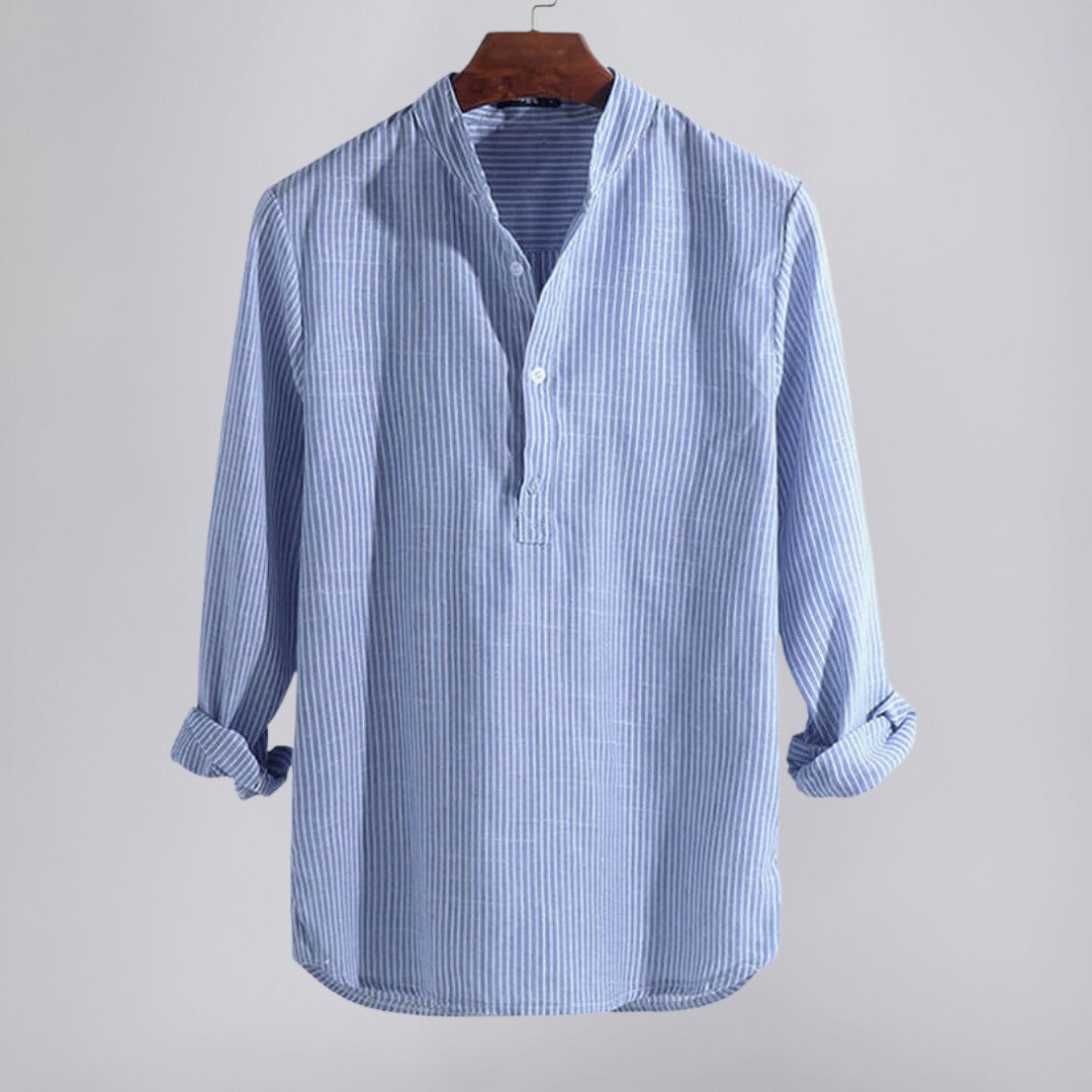 Striped Henley Shirt with Band Collar