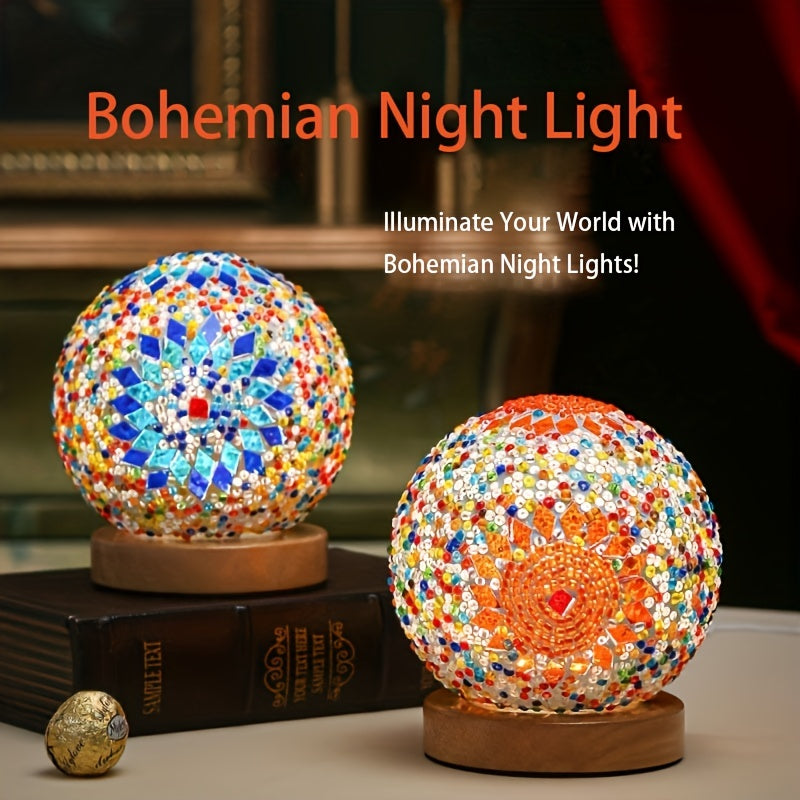 BowLift | Mosaic glass ball table lamp with wooden base - Turkish Moroccan inspired