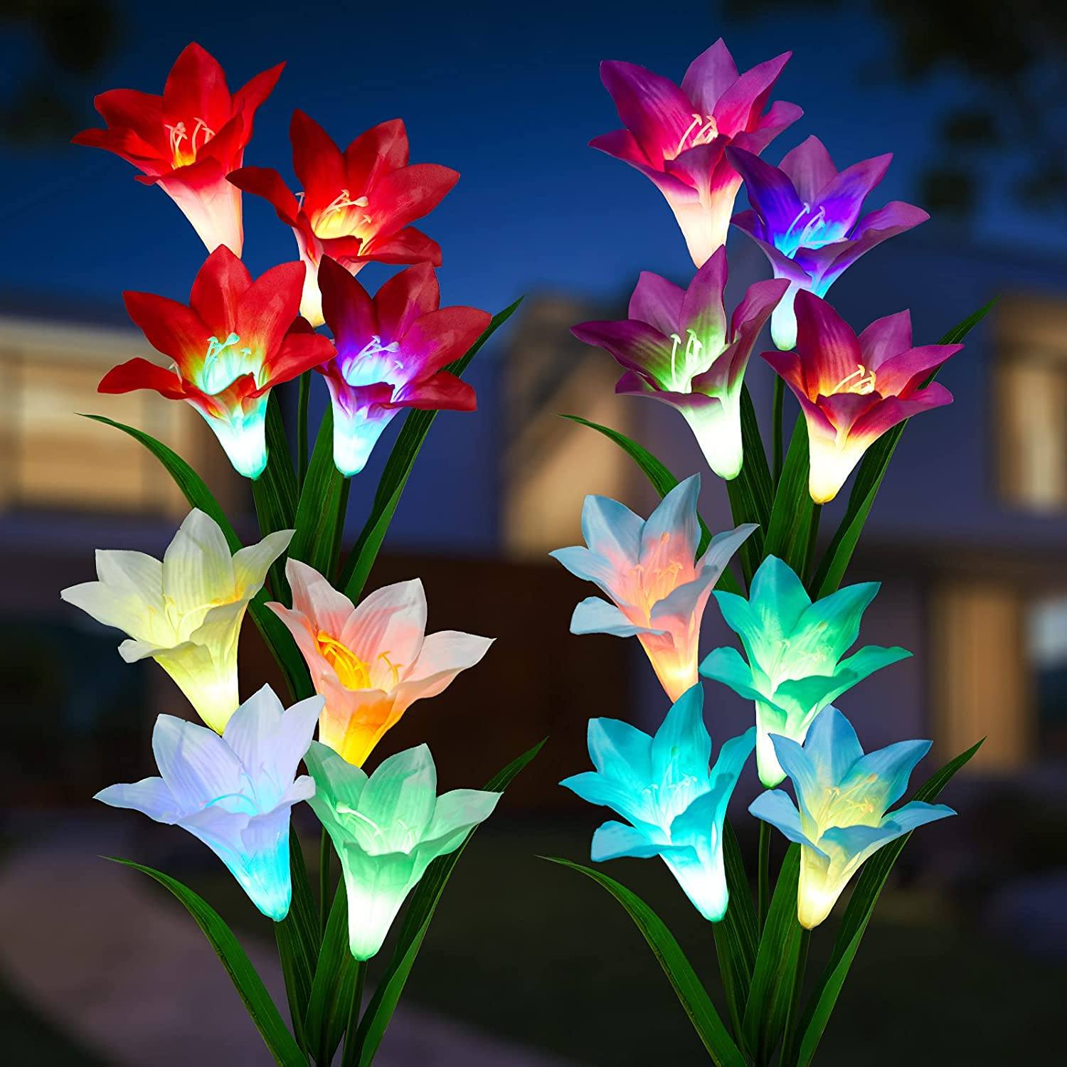 BowLift | 4-pack: Solar garden lights with color change and 16 larger lily flowers