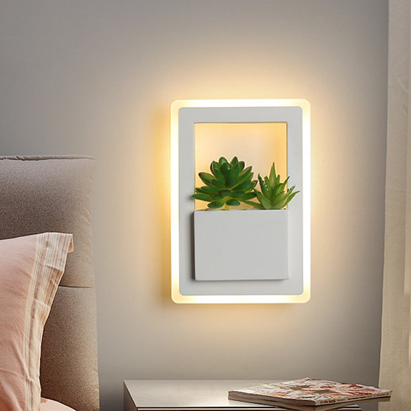 BowLift | White LED Wall Lighting Minimalist Acrylic Rectangles Wall Lamp with Plant Decoration for Bedroom, Warm/White Light