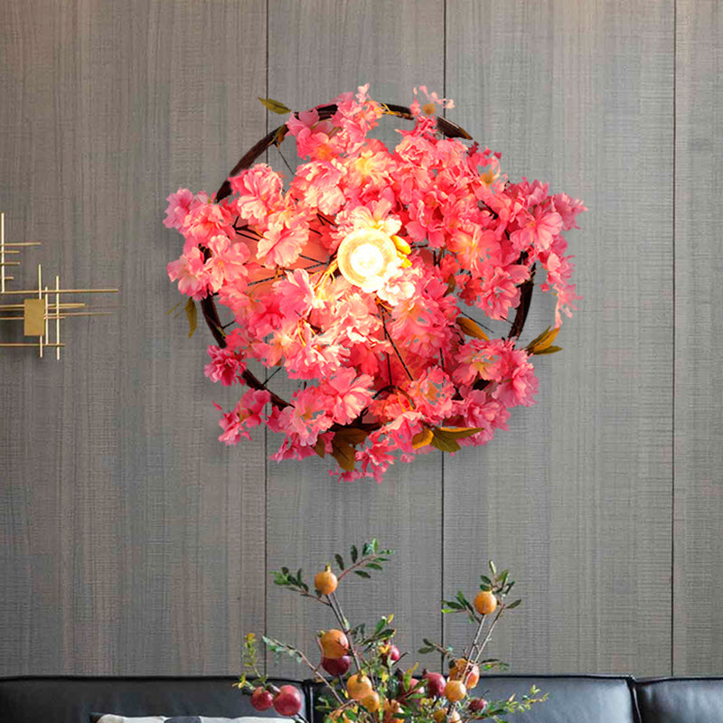 BowLift | Vintage Wagon Wheel Wall Lamp 1 Lamp LED Metal Wall Fixture Lighting in Pink/Green with Flower/Plants Decor