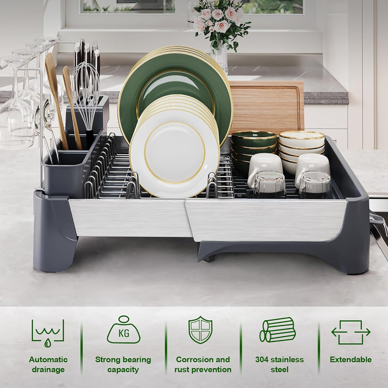 BowLift | Stainless Steel Dish Drying Rack Expandable Utensil Holder Large Capacity Dish Drainer