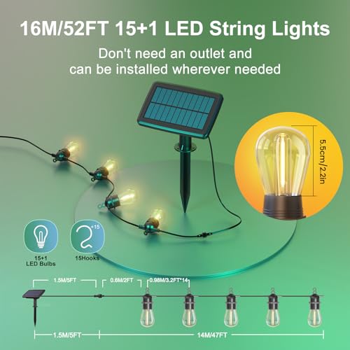 BowLift | 52FT Solar String Lights for Outdoor with Remote Control, Warm White