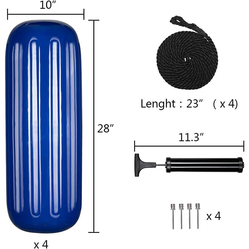 BowLift | 10" × 28" Vinyl Boat Fenders 4pcs Ribbed Boat Fenders Boat Bumpers with Ropes Needles and Pump