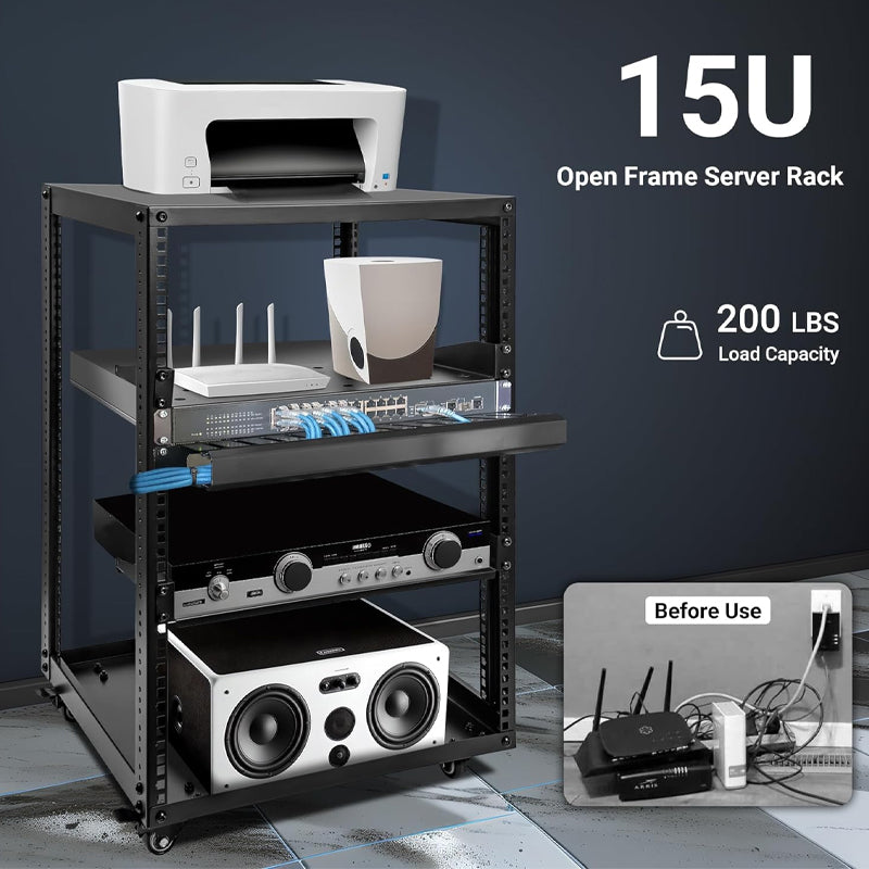 BowLift | 15U Server Rack Open Frame Network Server Rack AV Rack with Casters and Rack Shelves