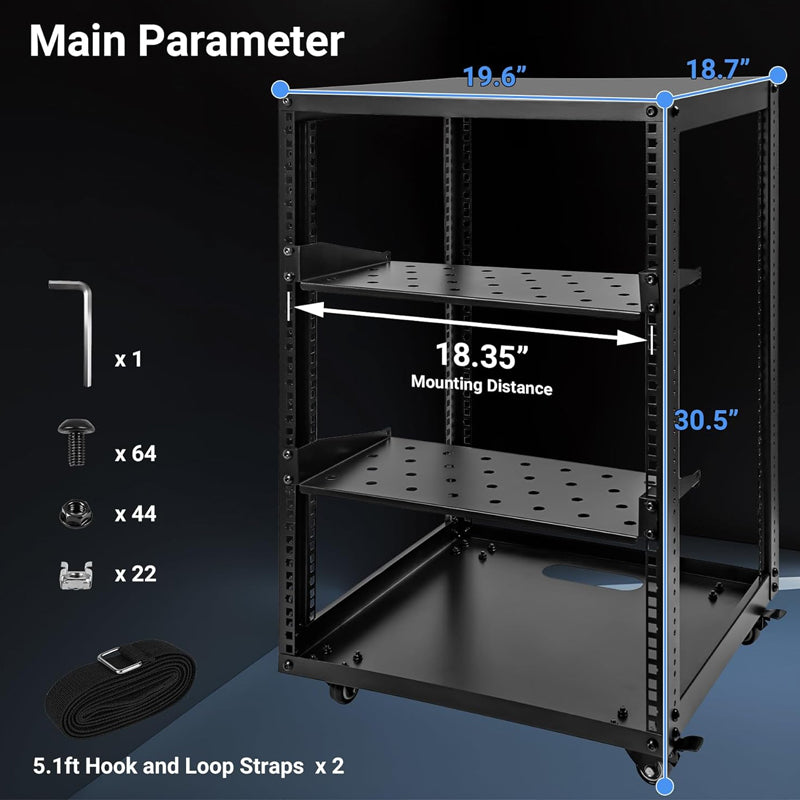BowLift | 15U Server Rack Open Frame Network Server Rack AV Rack with Casters and Rack Shelves