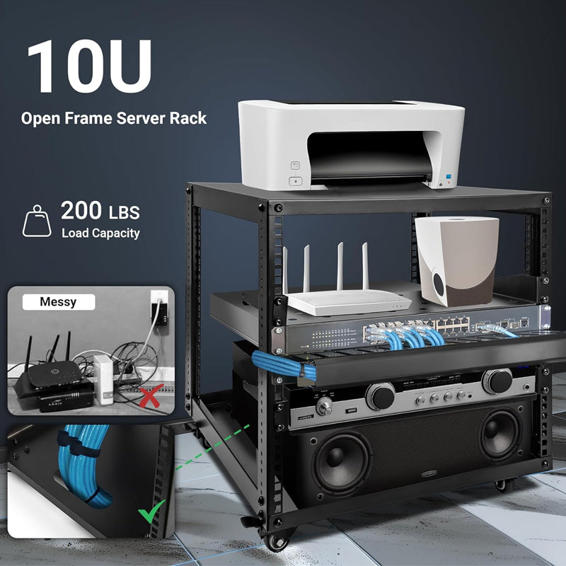 BowLift | 10U Open Frame Server Rack with Swivel Casters AV Rack for Stereo / Computer / Data / IT Equipment