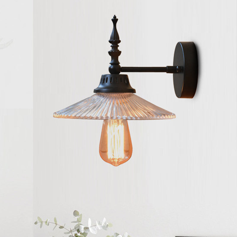 BowLift | Clear/Green Glass Black Wall Light Cone/Wide Flare 1-Light Industrial Wall Lamp for Living Room