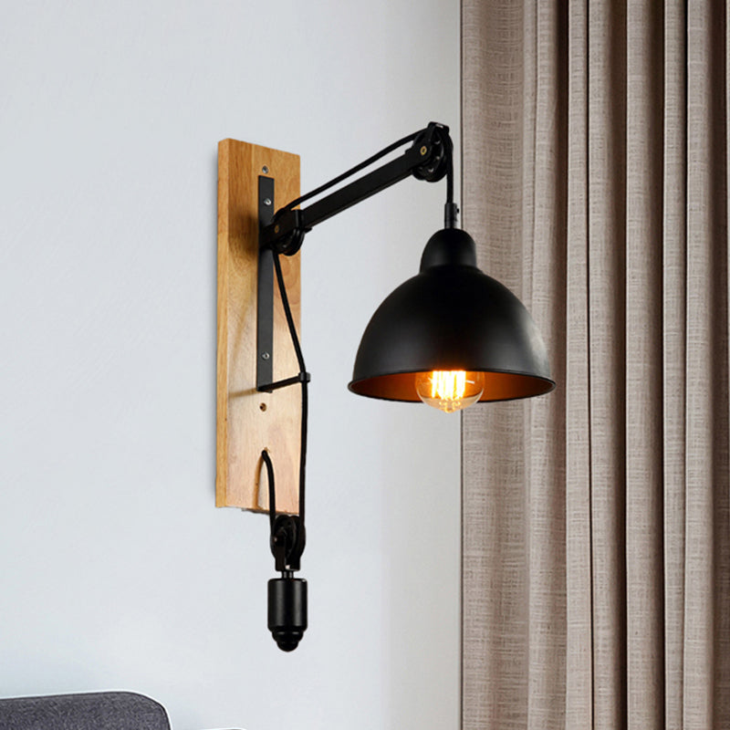 BowLift | Curved Interior Wall Mount Light Industrial Metal 1 Head Black Wall Lamp with Beige/Brown Wood Backing and Pulley
