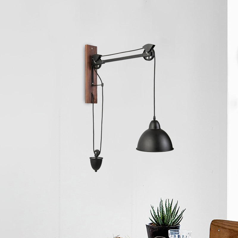 BowLift | Curved Interior Wall Mount Light Industrial Metal 1 Head Black Wall Lamp with Beige/Brown Wood Backing and Pulley
