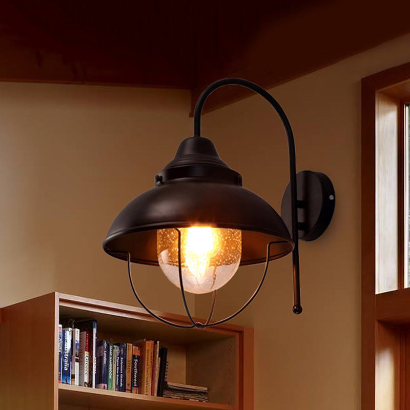 BowLift | Farmhouse Dome Wall Lamp 1 Light Metal Wall Lighting with Cage and Sawed Glass Shade in Black