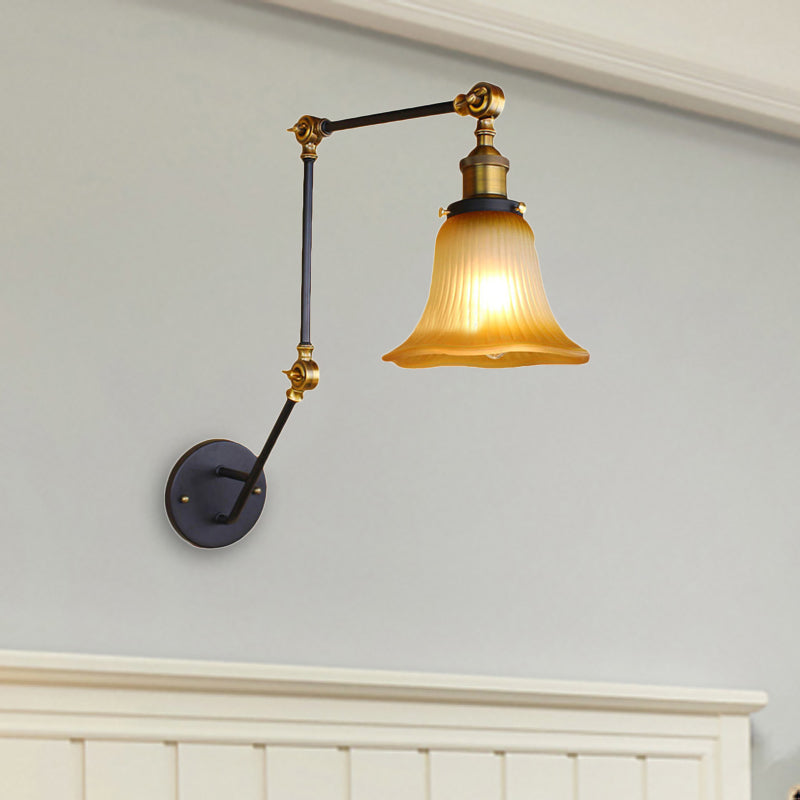 BowLift | Amber Glass Black Wall Sconce Lighting Bell Shade 1-Light Industrial Light Fixture with Adjustable Arm