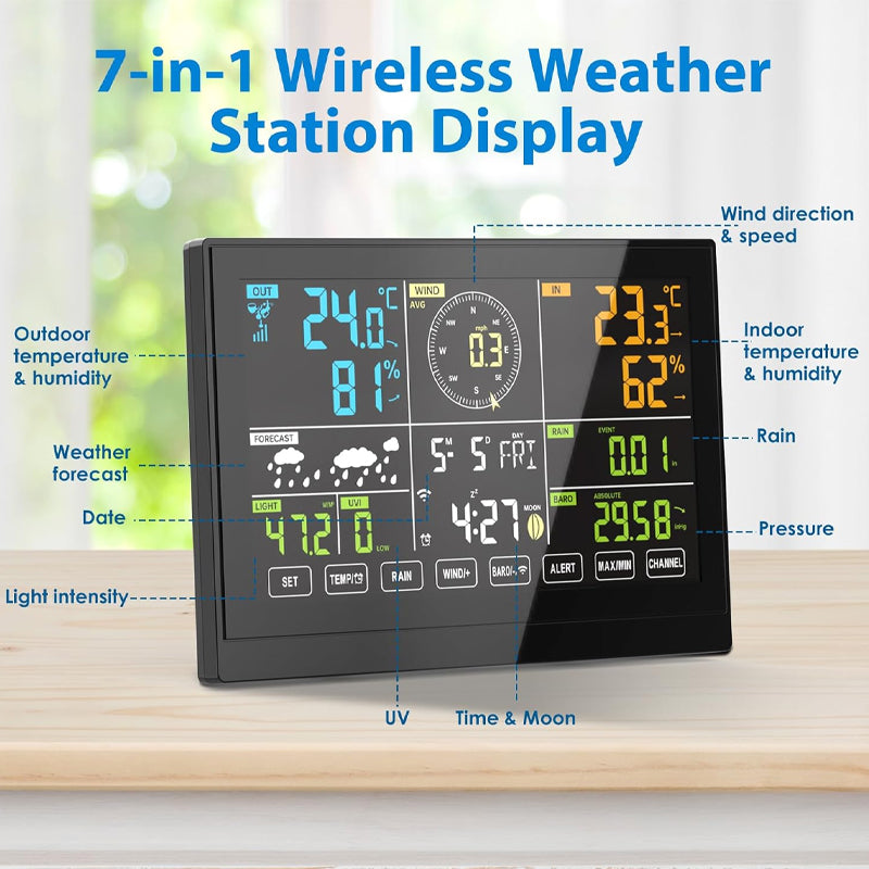 BowLift | Wireless Weather Station 7-in-1 Weather Station 7.5 inch Large Color Display Home Weather Station