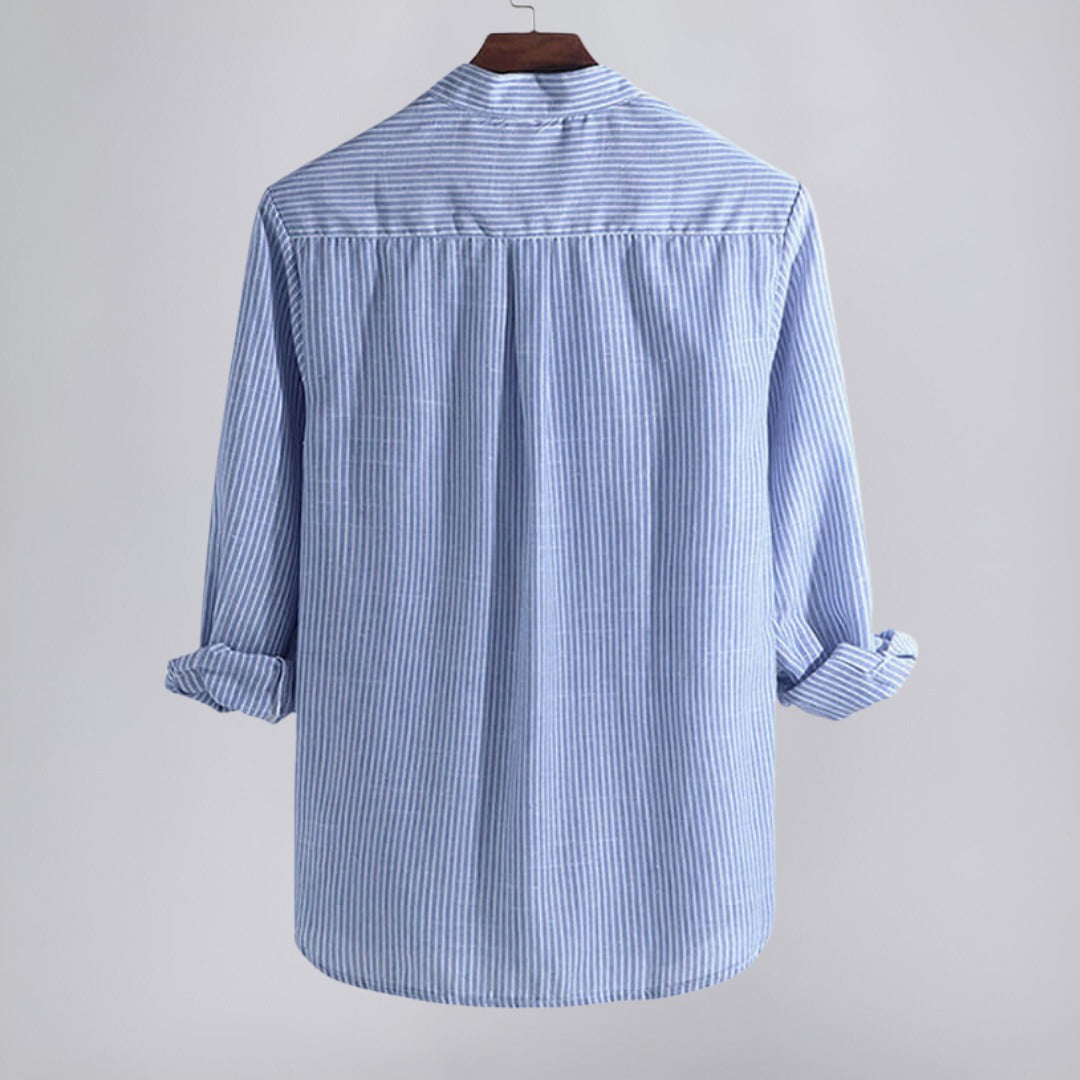 Striped Henley Shirt with Band Collar