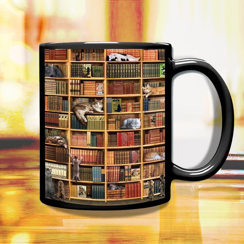 BowLift | Bookshelf Ceramic Coffee Mug - Gift for Cat Book Lovers