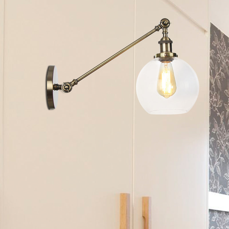 BowLift | Clear Glass Globe Wall Lighting Country House 1 Light Living Room Fixture in Black/ Brass/ Bronze with Arm, 8"/12" L