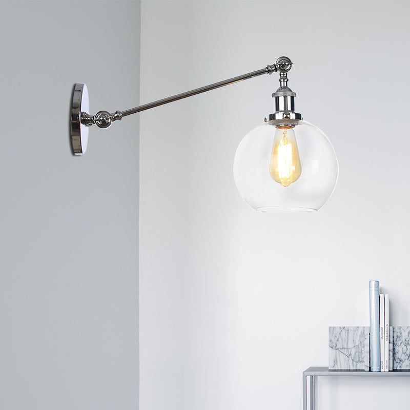 BowLift | Clear Glass Globe Wall Lighting Country House 1 Light Living Room Fixture in Black/ Brass/ Bronze with Arm, 8"/12" L