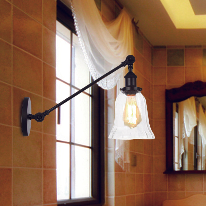 BowLift | Black/Bronze/Brass 1 Light Wall Lighting Unit Vintage Clear Glass Bell Wall Lamp with Arm, 8"/12" Long