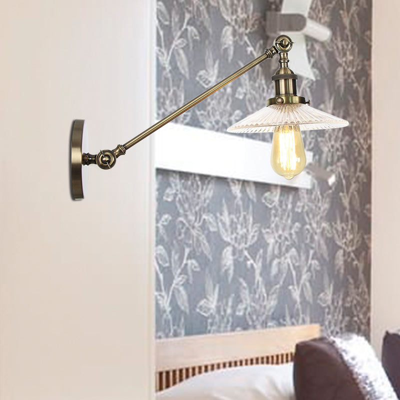 BowLift | Clear Ribbed Glass Bronze/Brass/Copper Wall Mounted Lamp Shade 1 Light Vintage Lighting Fixture, 8"/12" L Arm