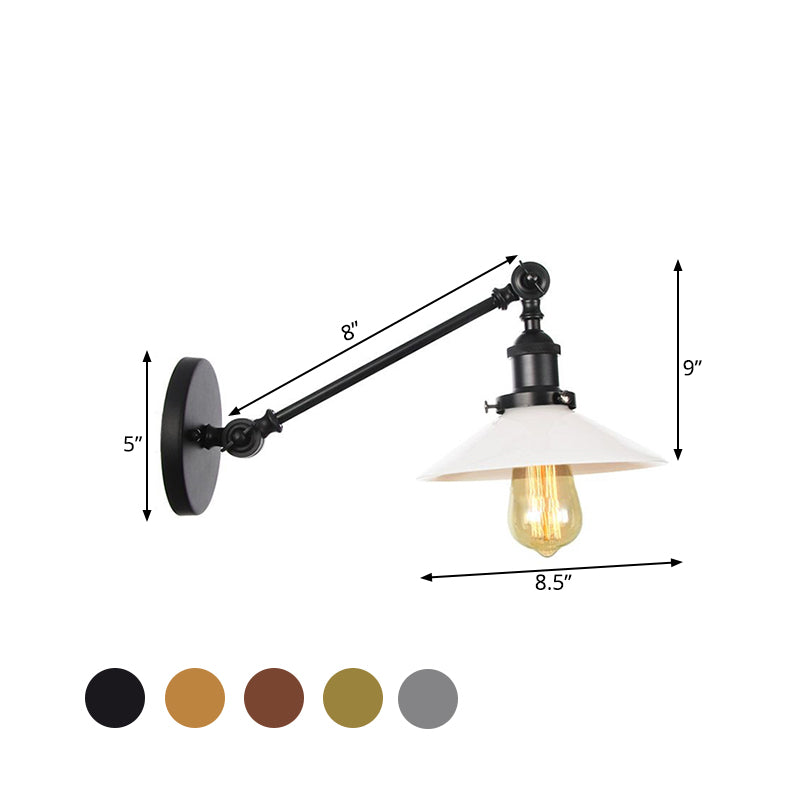 BowLift | Industrial Conical Wall Lamp 1 Light Opal Glass Wall Lamp in Black/Copper/Brass with Arm, 8"/12" L